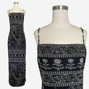 Vintage 90s A Fortiori black floral paisley beaded strap maxi dress stretchy S/M